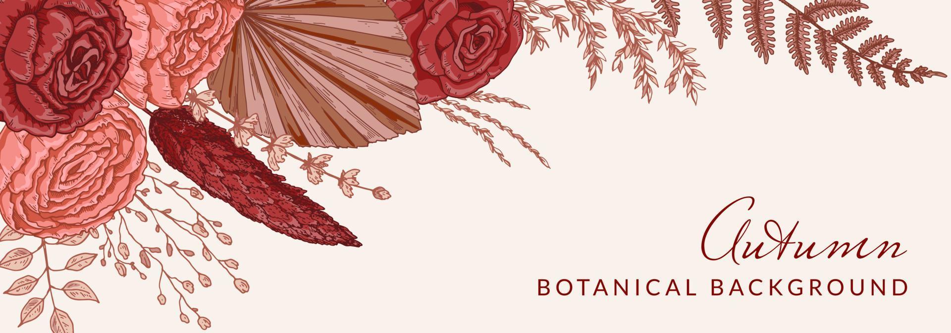 Herbst horizontales Banner mit modernen floralen Elementen. hand gezeichnete botanische vektorillustration. Platz für Text vektor