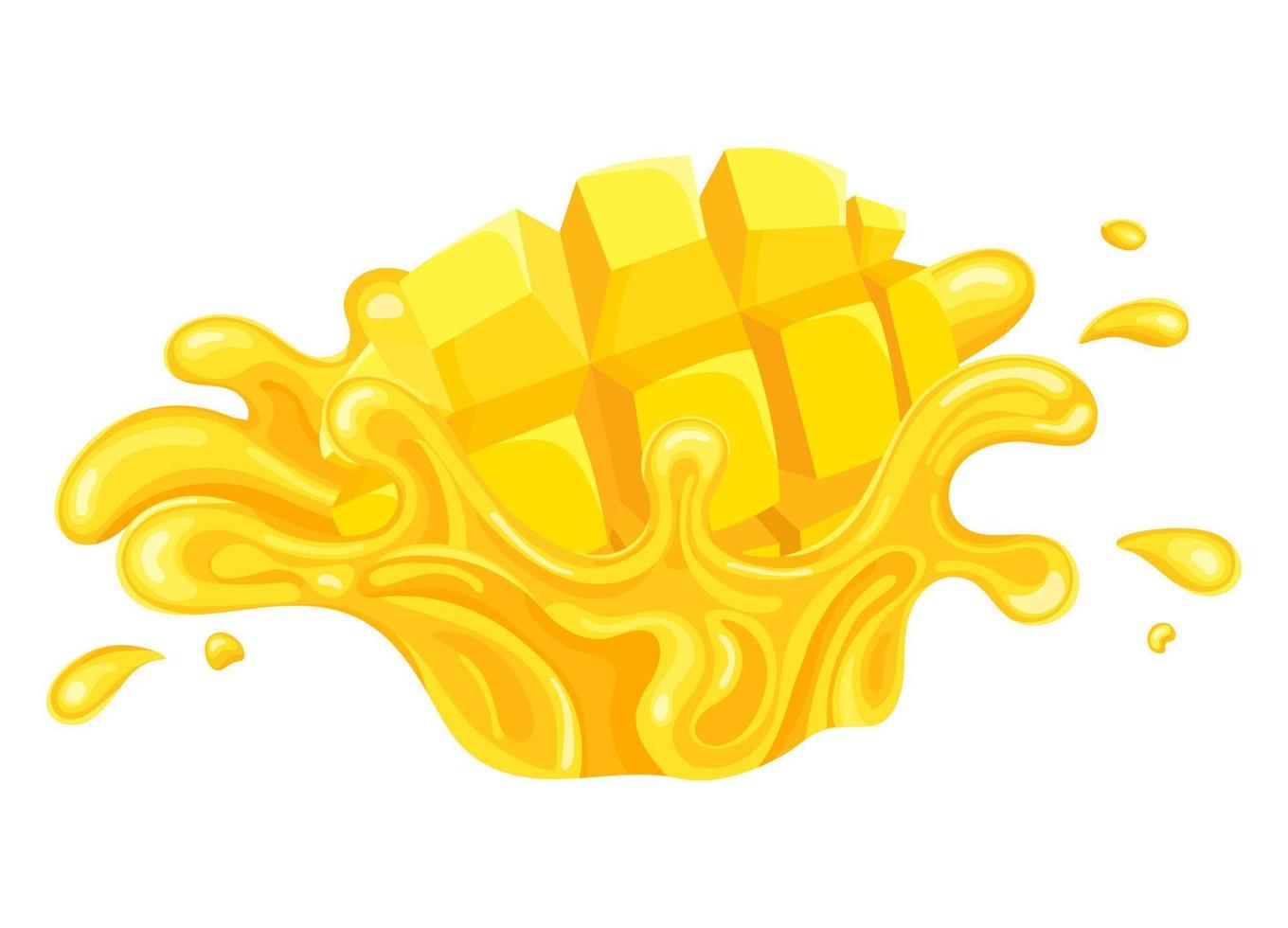 frischer, heller Mangosaft Splash Burst isoliert auf weißem Hintergrund. Sommerfruchtsaft. Cartoon-Stil. Vektorillustration für jedes Design. vektor
