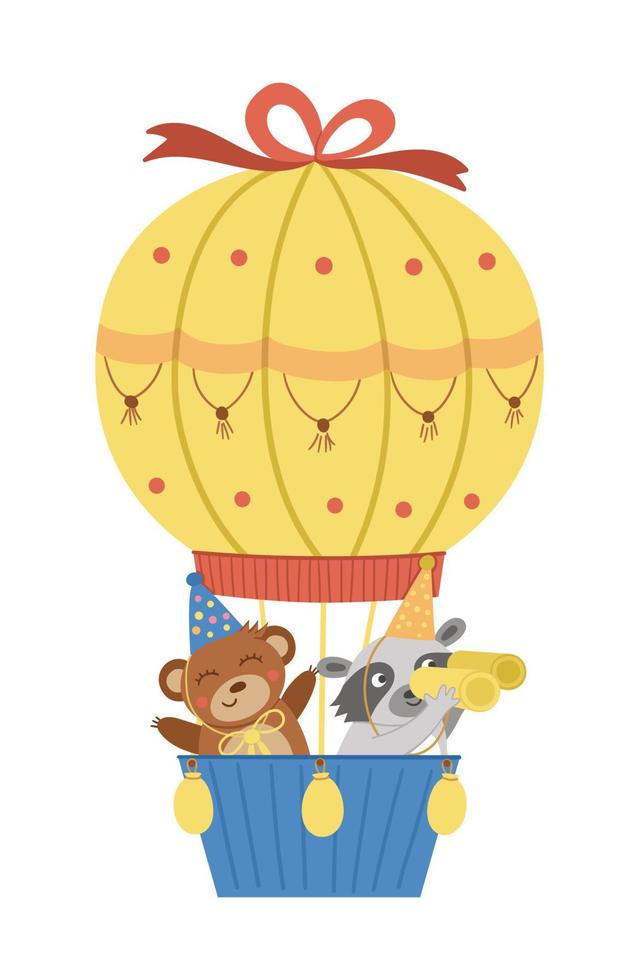 Vektor süßer Bär und Waschbär im Heißluftballon. lustige geburtstagstiere für karte, poster, druckdesign. helle feiertagsillustration für kinder. Fröhliche Feier-Charakter-Ikone