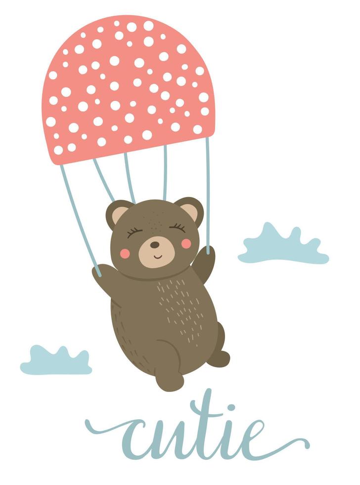 handgezeichneter flacher Bär im Vektor-Cartoon-Stil, der auf einem Pilz wie Fallschirm zwischen den Wolken fliegt. lustige szene mit teddy. niedliche illustration von waldtieren für druck, schreibwaren vektor