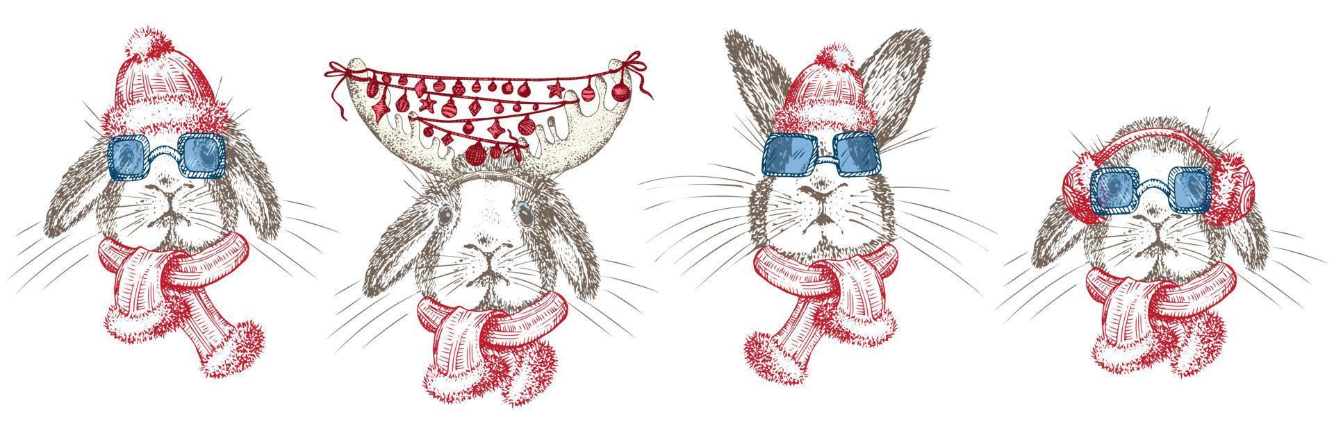 handritad kanin i röd vinterscarf, hörselkåpor, solglasögon. kaninsymbol kinesiskt nyår 2023. juldekor. tatueringskonst. svart och vit skiss gravyr stil design. vektor