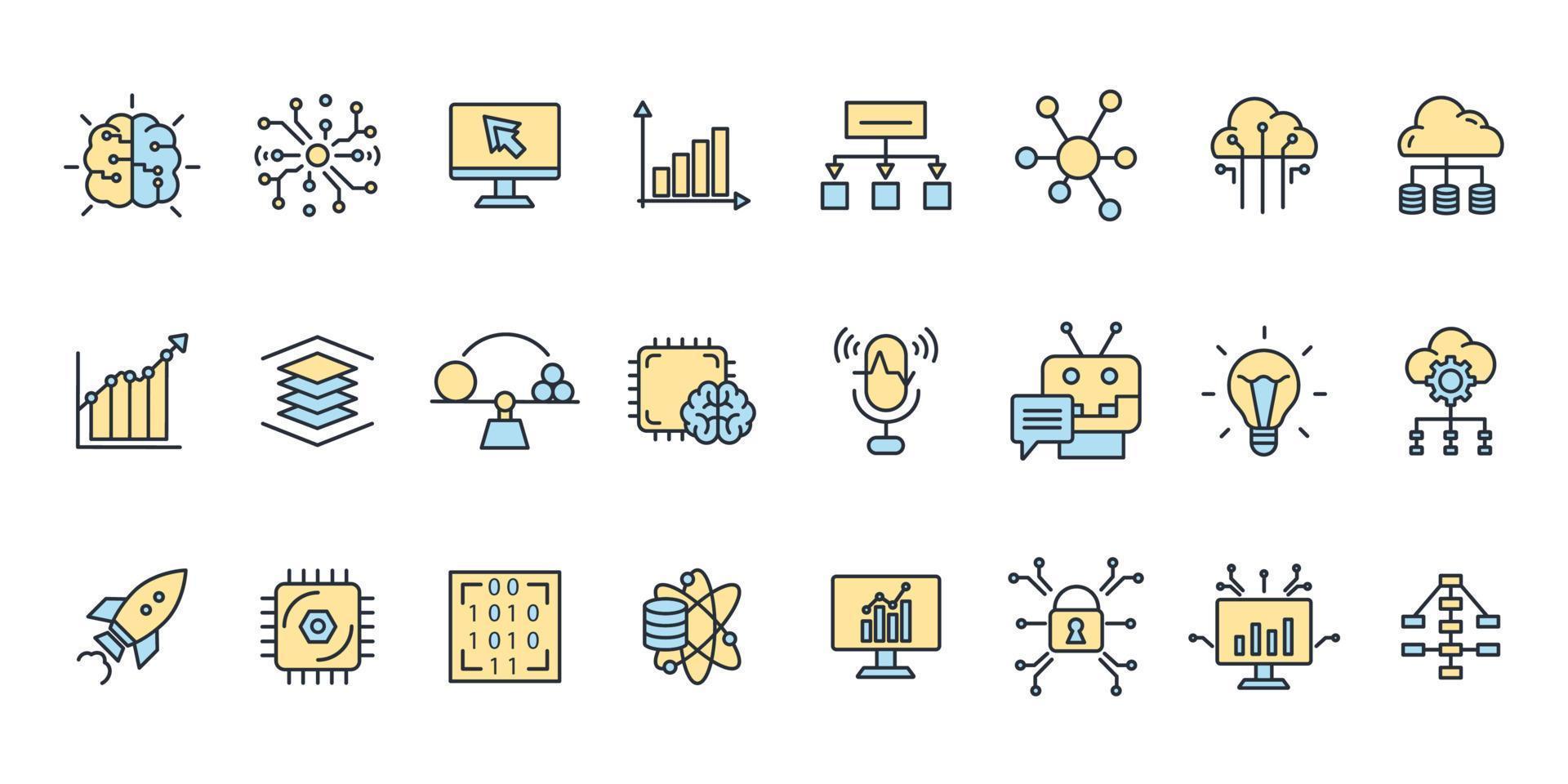 Symbole für maschinelles Lernen festgelegt. Symbolvektorelemente für maschinelles Lernen für das Infografik-Web vektor