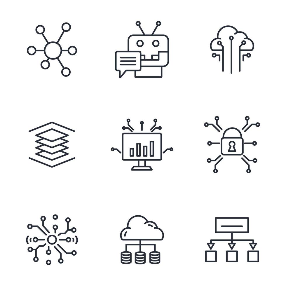 Symbole für maschinelles Lernen festgelegt. Symbolvektorelemente für maschinelles Lernen für das Infografik-Web vektor