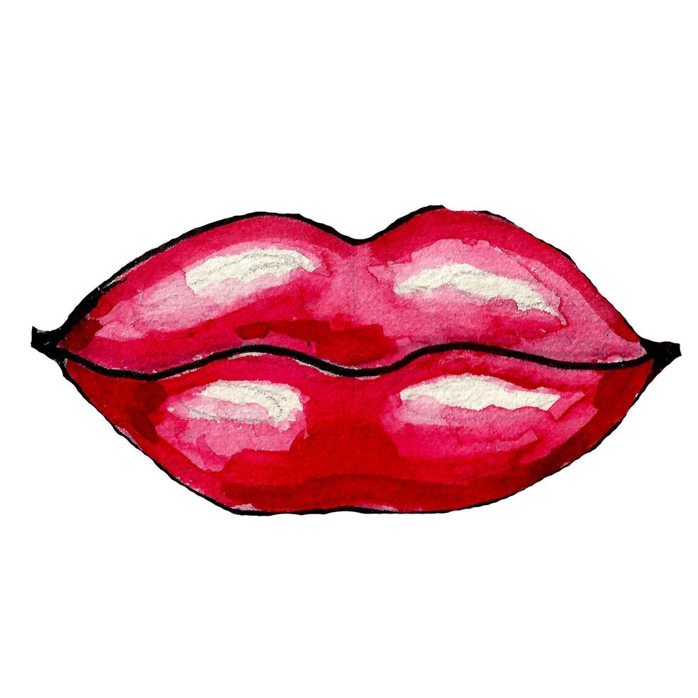 akvarell röda läppar. handmålade vektor mode illustration. kyss läppar.