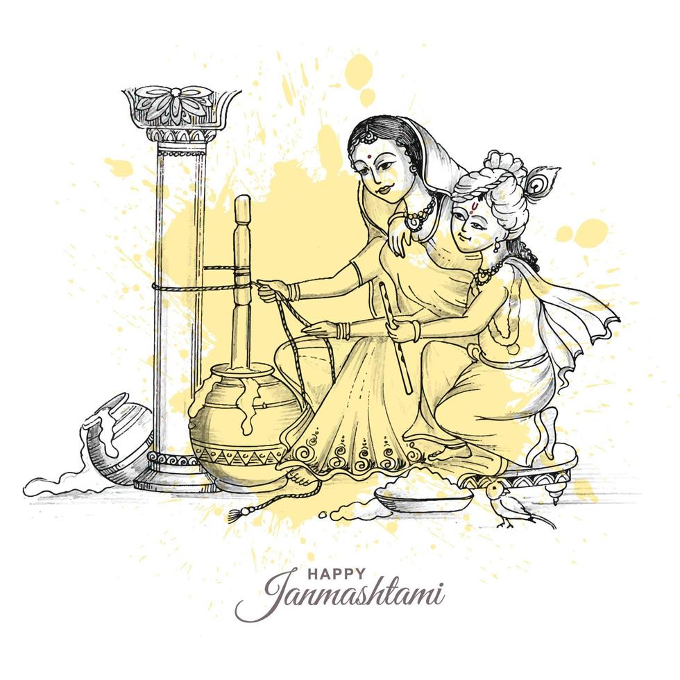 hand rita skiss lord krishna spelar i ma yasoda glad janmashtami kort bakgrund vektor