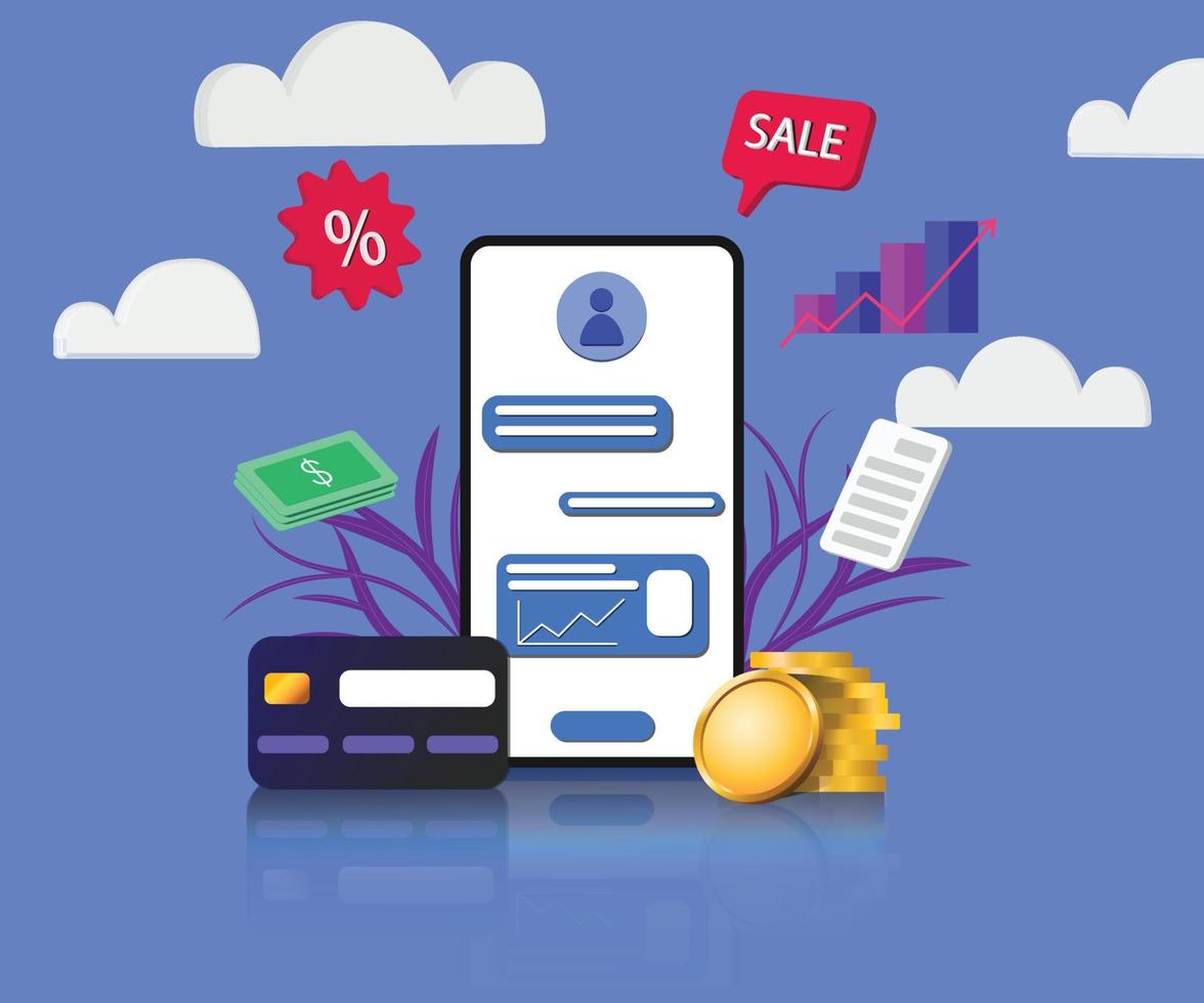 mobil mockup som visar meddelandedetaljer på skärmen på sidan finns ikoner för försäljning, procentsatser, dokument, sedlar, aktiediagram, kreditkort, guldmynt och moln. på en blå bakgrund vektor