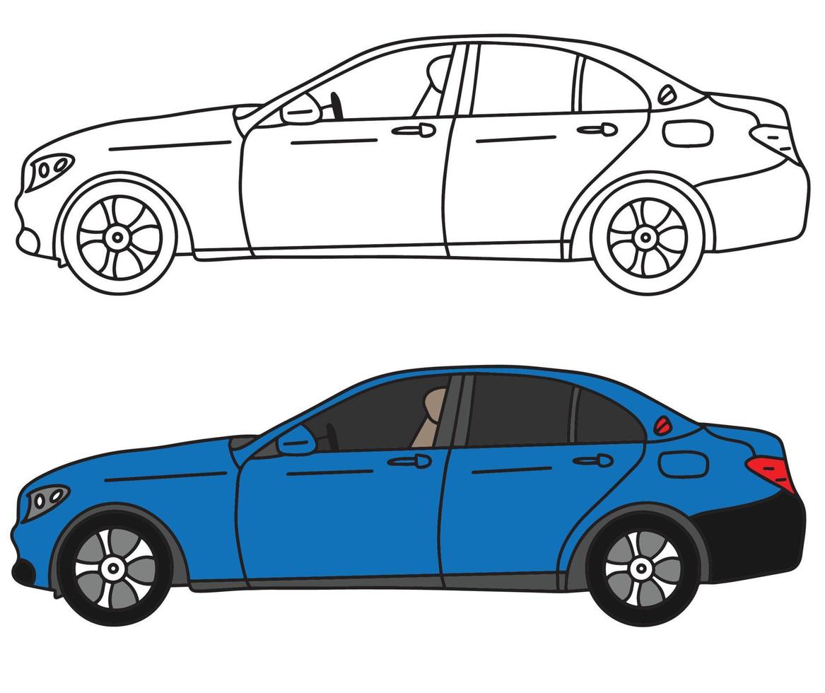 realistische skizze des sportlimousinenautos. Vektor-Illustration in Schwarz und Weiß. Malpapier, Seite, Buch. vektor