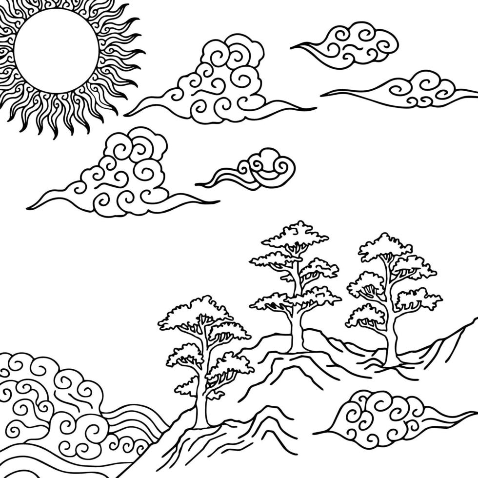 Design-Vektor asiatische Landschaft Umrissmalerei vektor