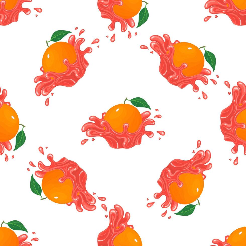 Nahtloses Muster mit frischem, hellem Grapefruitsaft-Splash-Burst isoliert auf weißem Hintergrund. Sommerfruchtsaft. Cartoon-Stil. Vektorillustration für jedes Design. vektor