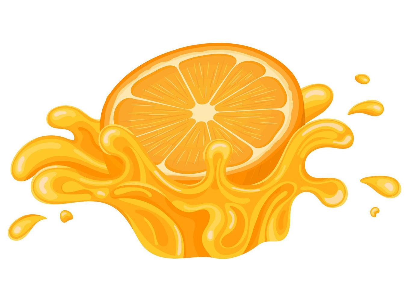 frischer leuchtender Orangen-, Mandarinen- oder Mandarinensaftspritzer platzte isoliert auf weißem Hintergrund. Sommerfruchtsaft. Cartoon-Stil. Vektorillustration für jedes Design. vektor