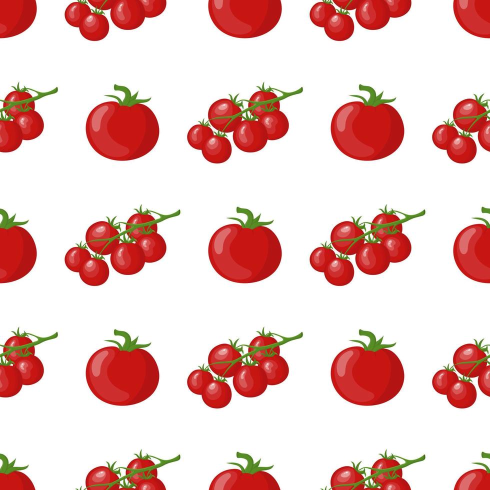 seamless mönster med färsk tomat och körsbärstomat gren grönsaker. organisk mat. tecknad stil. vektorillustration för design, webb, omslagspapper, tyg, tapeter. vektor