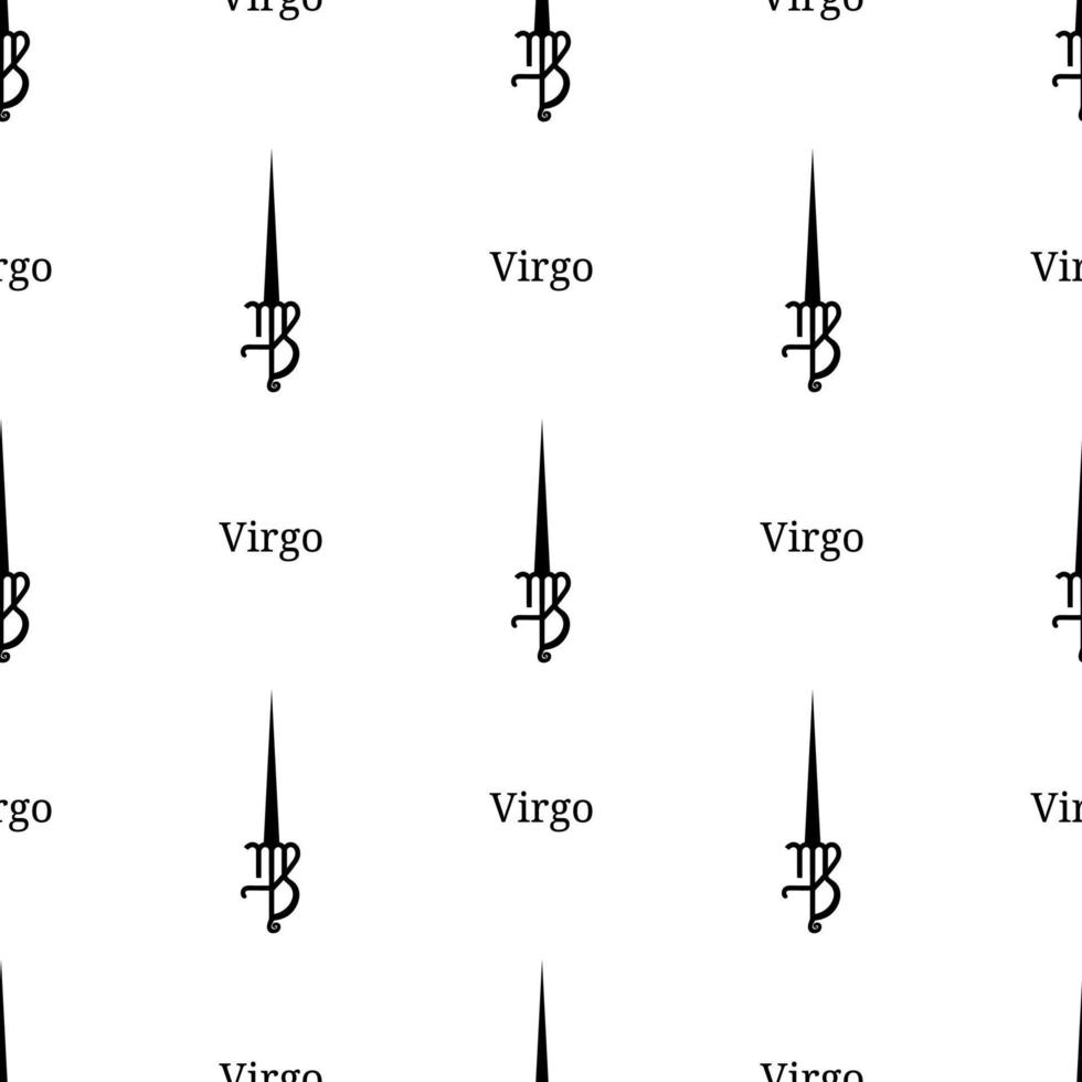 sömlösa mönster med virgo stjärntecken svärd. svart siluett av zodiakalvapen. astrologiska, horoskop tecken. vektorillustration för design, webb, omslagspapper, tyg, tapeter. vektor