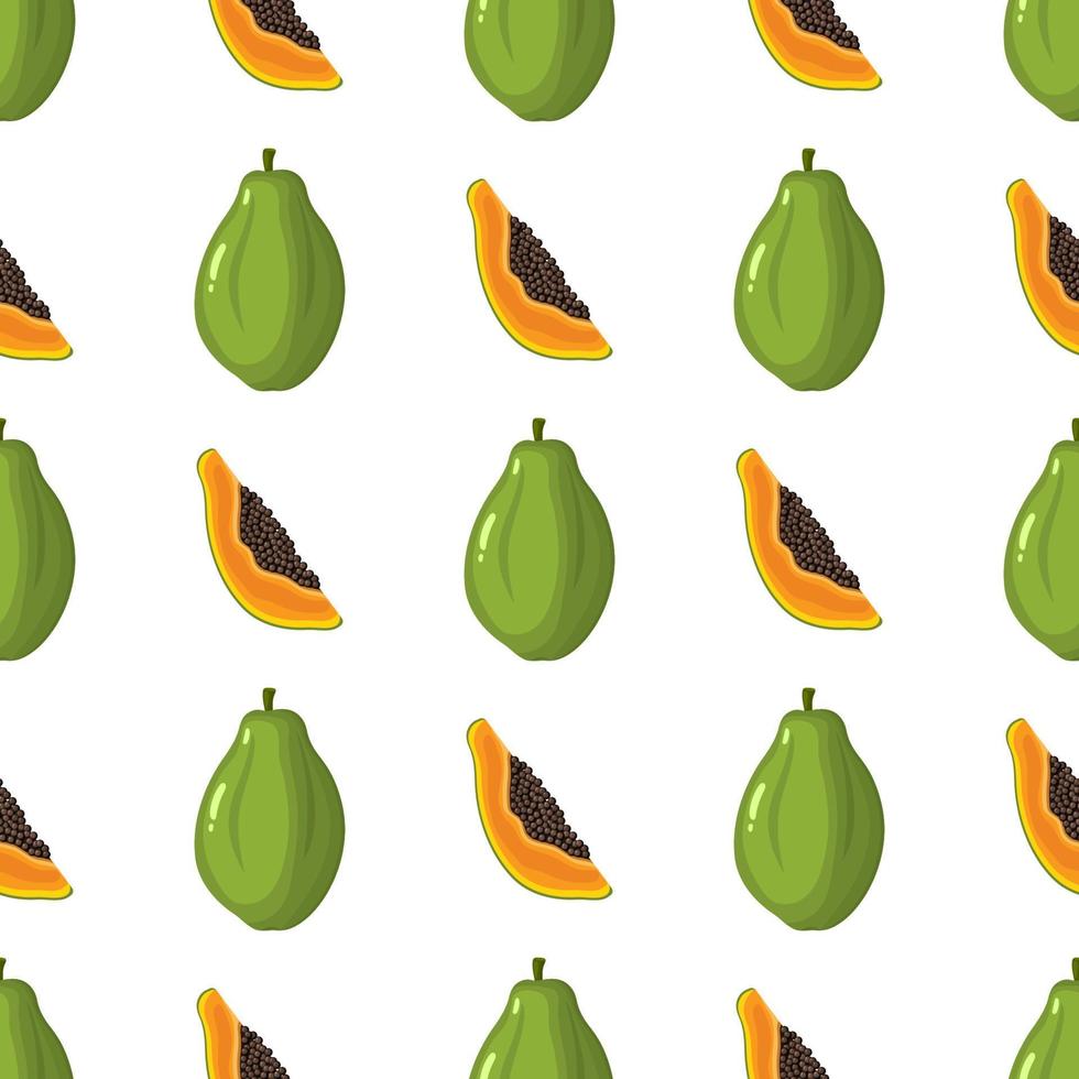 seamless mönster med färska ljusa exotiska hela och skära skiva papaya frukt på vit bakgrund. sommarfrukter för en hälsosam livsstil. ekologisk frukt. tecknad stil. vektor illustration för någon design.