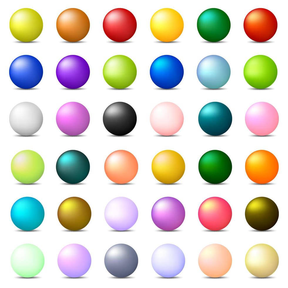 samling av 36 färgglada realistiska sfärer isolerad på vit bakgrund. glänsande glänsande bollar. 3D-färgade bollar och sfärer. vektor illustration för din design, webb.