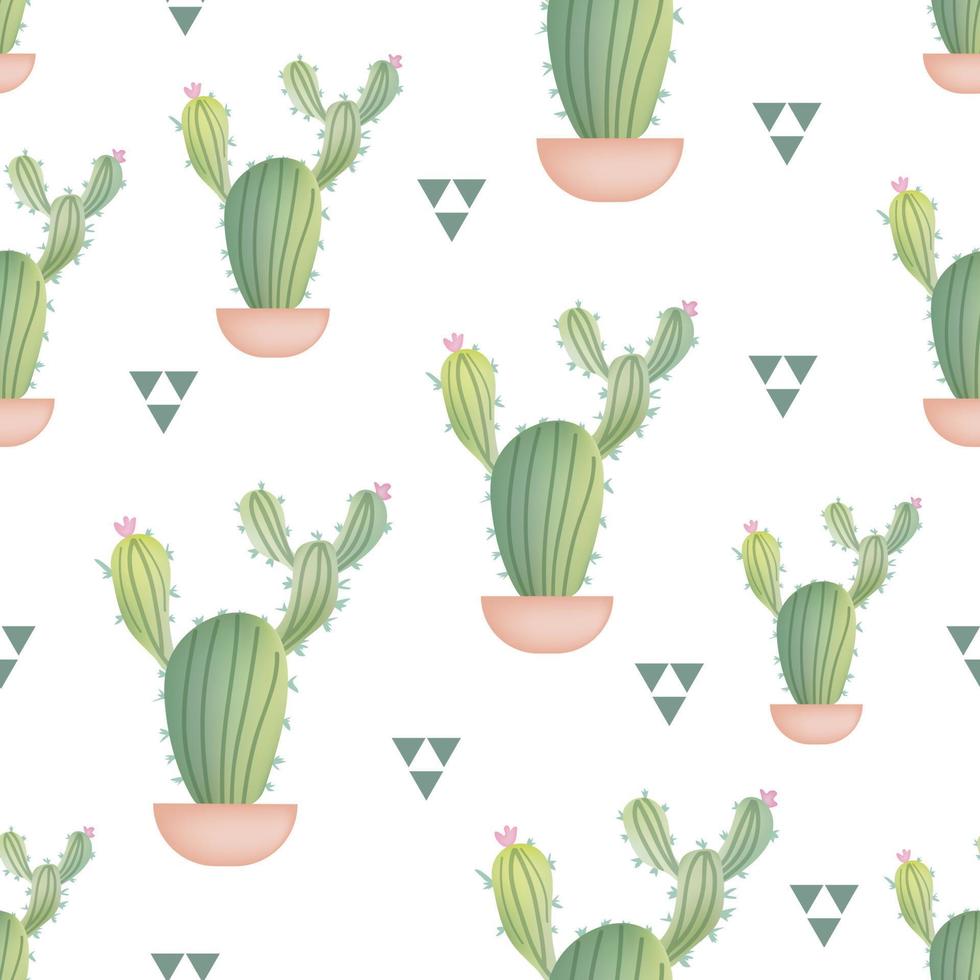Vektor Musterdesign mit Kaktus und Dreieck. süßer grüner kaktus. sich wiederholender handgezeichneter Hintergrund.
