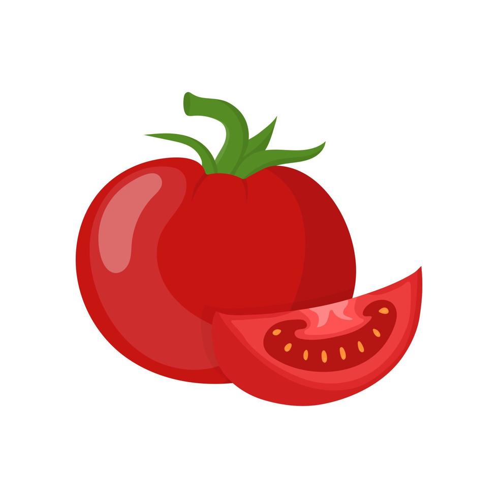 frisches rotes Tomatengemüse isoliert auf weißem Hintergrund. Ganz- und Scheibentomatensymbol für Markt, Rezeptdesign, Logo. Bio-Lebensmittel. Cartoon-Stil. Vektorillustration für Design. vektor