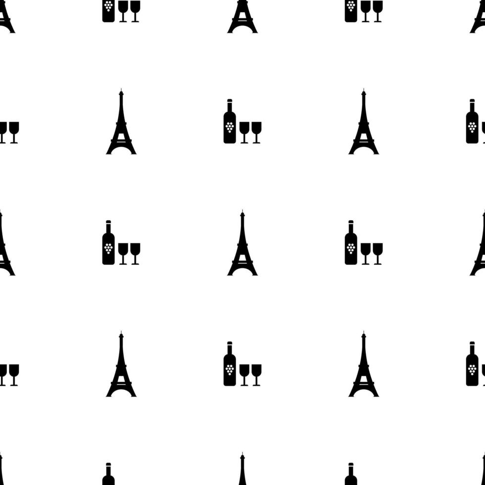 nahtlose Muster Paris-Symbole. Flasche Wein und Eiffelturm auf weißem Hintergrund. vektorillustration für design, web, verpackungspapier, stoff, tapete vektor
