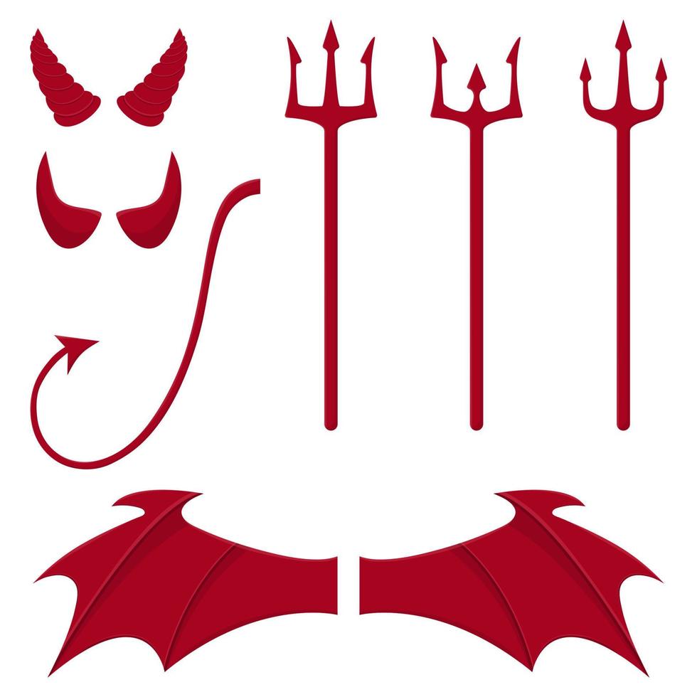 uppsättning djävulen element isolerad på vit bakgrund. röda horn, treuddar, vingar, svans. ren och modern vektorillustration för design, webb. vektor