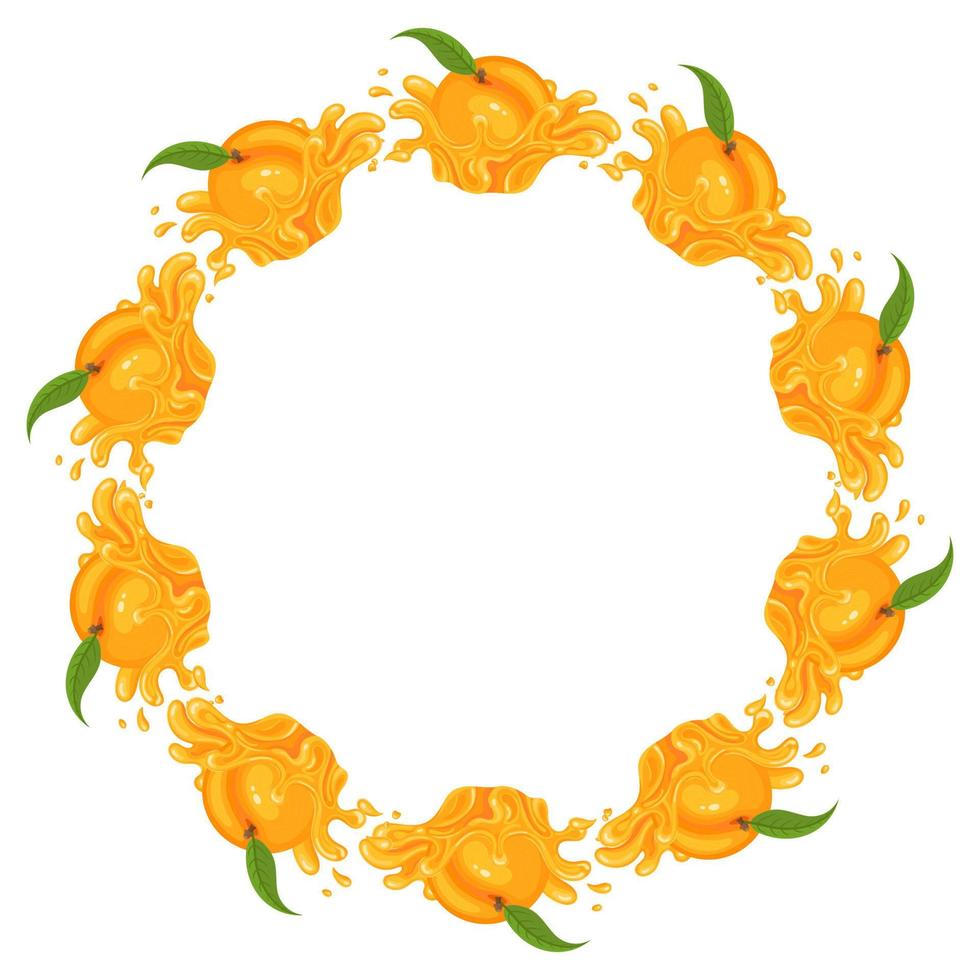 krans från ljus persika fruktjuice stänk med plats för text. tecknad ekologisk söt mat. sommarfrukter för en hälsosam livsstil. vektor illustration för någon design.