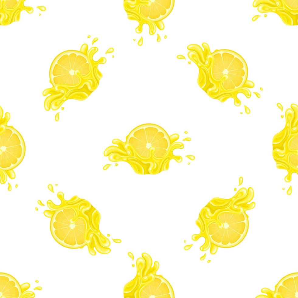 Nahtloses Muster mit frischem hellem Zitronensaft-Splash-Burst isoliert auf weißem Hintergrund. Sommerfruchtsaft. Cartoon-Stil. Vektorillustration für jedes Design. vektor