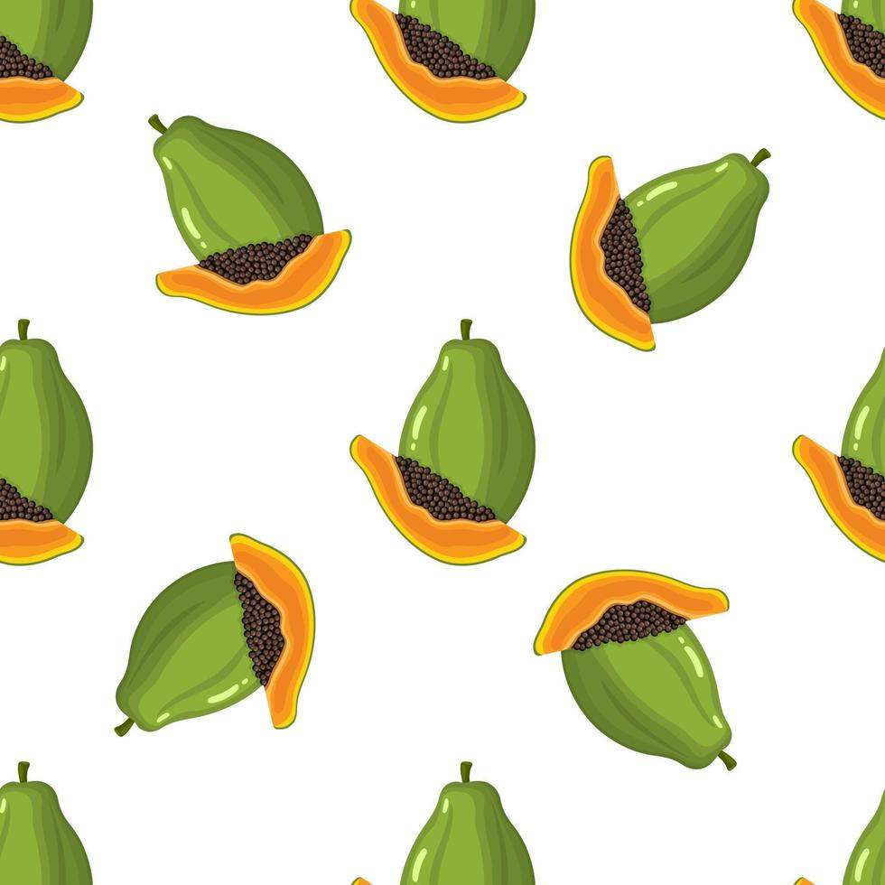 seamless mönster med färska ljusa exotiska hela och skära skiva papaya frukt på vit bakgrund. sommarfrukter för en hälsosam livsstil. ekologisk frukt. tecknad stil. vektor illustration för någon design.