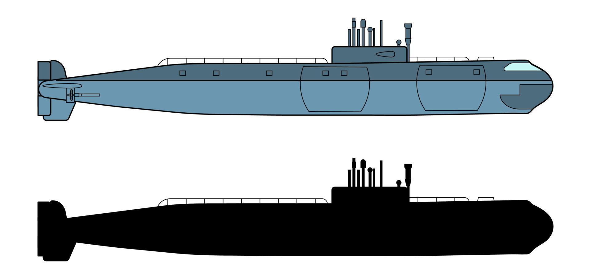 detaljerad ubåt. sidovy. krigsskepp i platt stil. militärfartyg. slagskeppsmodell. industriell ritning. vektor illustration isolerad på vit bakgrund.