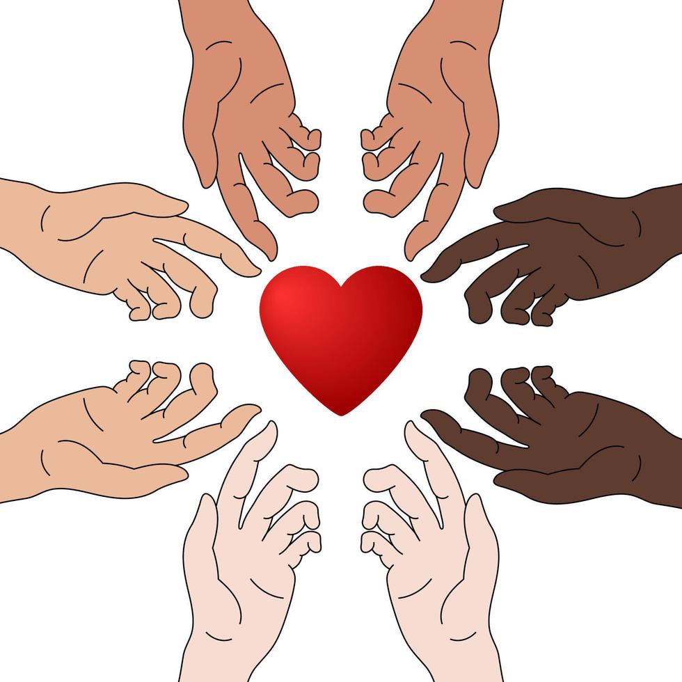 begreppet välgörenhet och donation. händer ger kärlek. rasjämlikhet. alla förtjänar kärlek. ge och dela din kärlek till människor. vektor illustration.