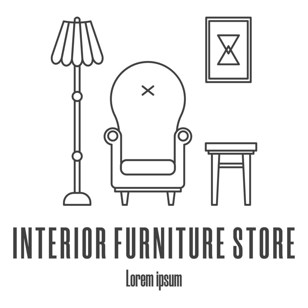 linje stilikoner av en fåtölj, lampa, pall, bild. logotyp för inredningsmöbelbutik. ren och modern vektorillustration. vektor