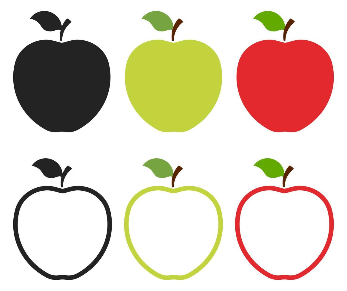 Reihe von Apple-Symbolen. schwarze, grüne, rote Füllung und Umriss des Apfellogos isoliert auf weißem Hintergrund. Vektorillustration für jedes Design. vektor