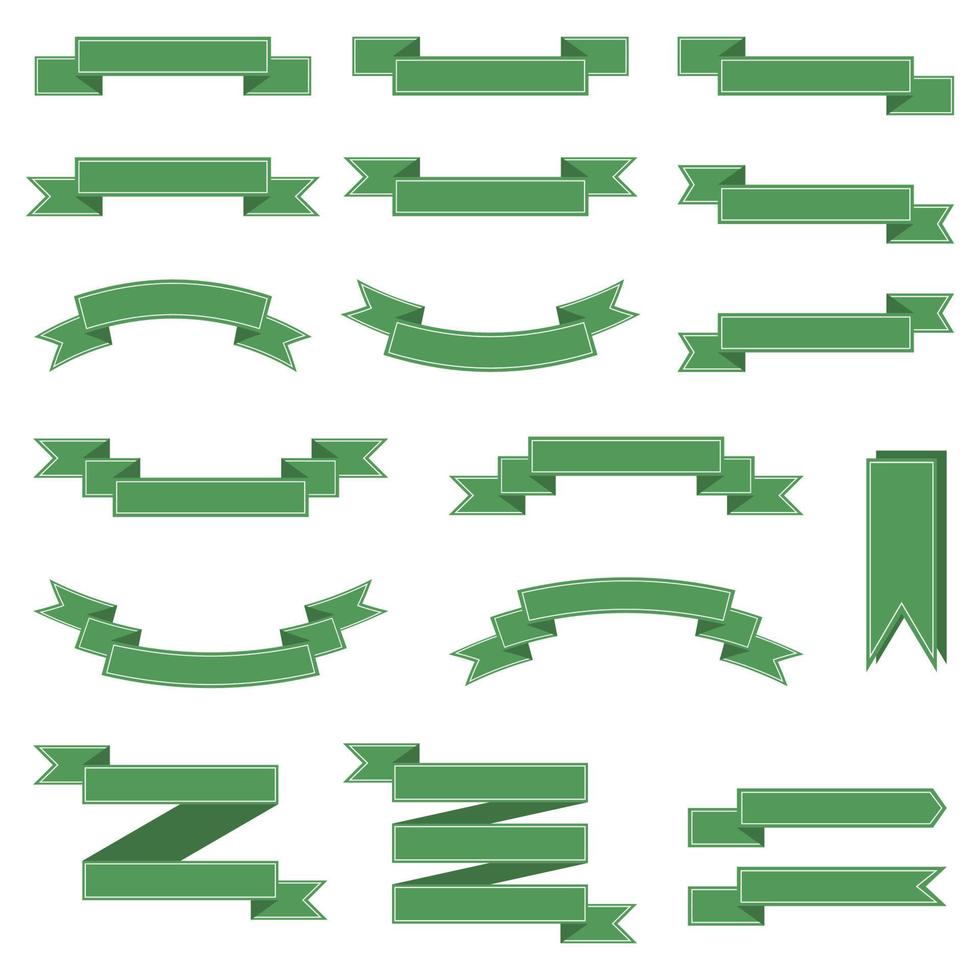 Banner mit grünen Bändern, Etiketten isoliert auf weißem Hintergrund. Sammlung von 18 Bändern. Vektorillustration für Ihr Design. vektor