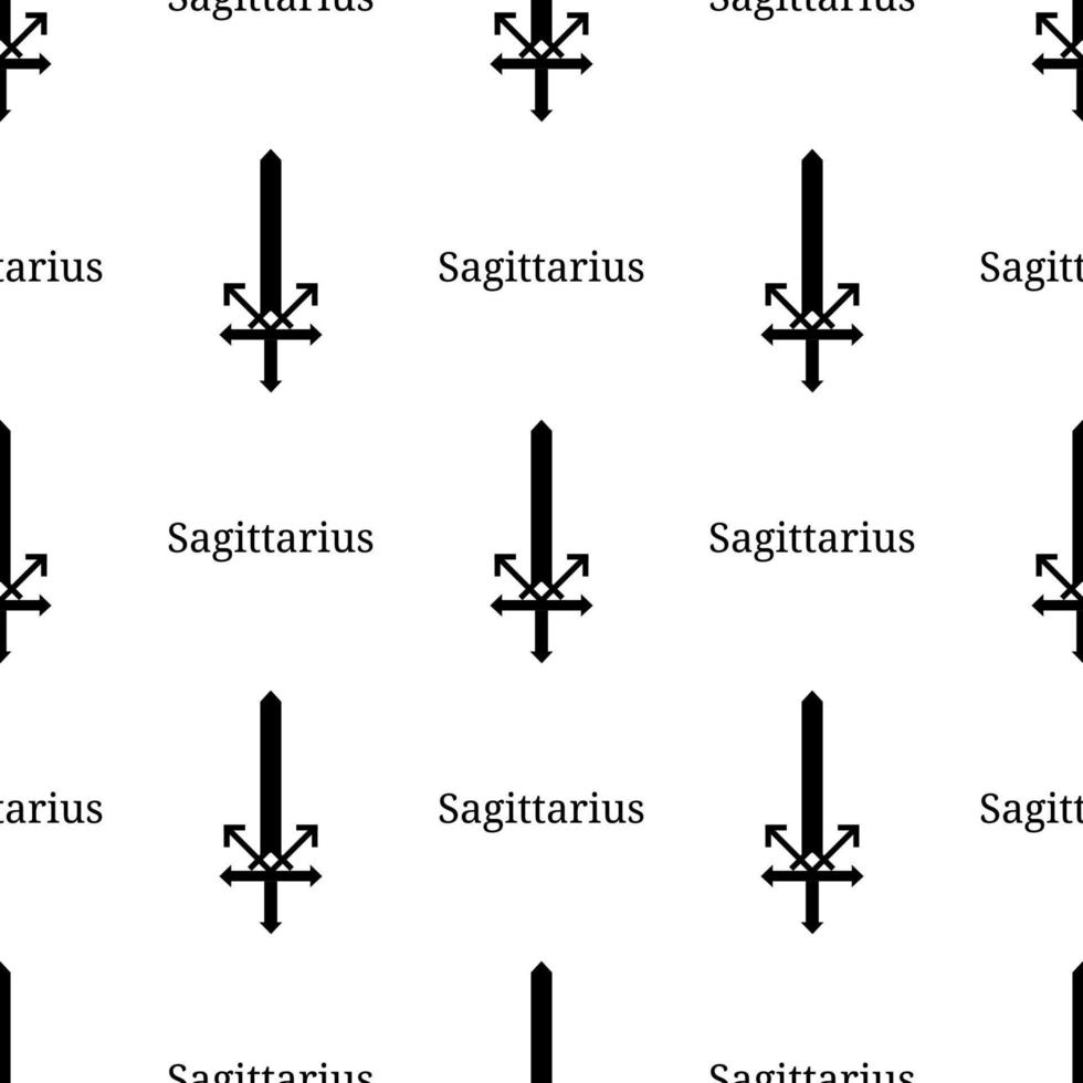 seamless mönster med skytten stjärntecken svärd. svart siluett av zodiakalvapen. astrologiska, horoskop tecken. vektorillustration för design, webb, omslagspapper, tyg, tapeter. vektor