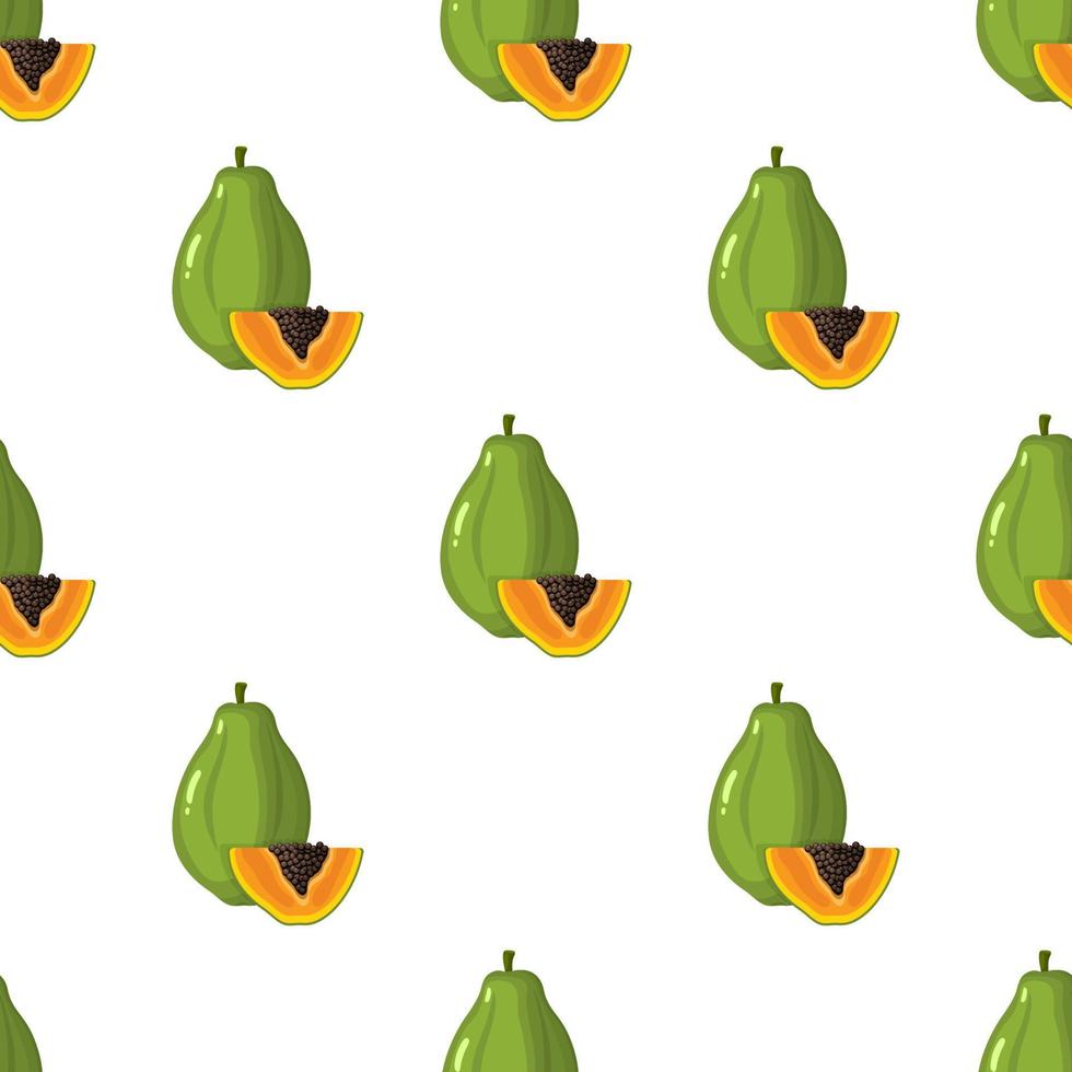 seamless mönster med färska ljusa exotiska hela och skära skiva papaya frukt på vit bakgrund. sommarfrukter för en hälsosam livsstil. ekologisk frukt. tecknad stil. vektor illustration för någon design.