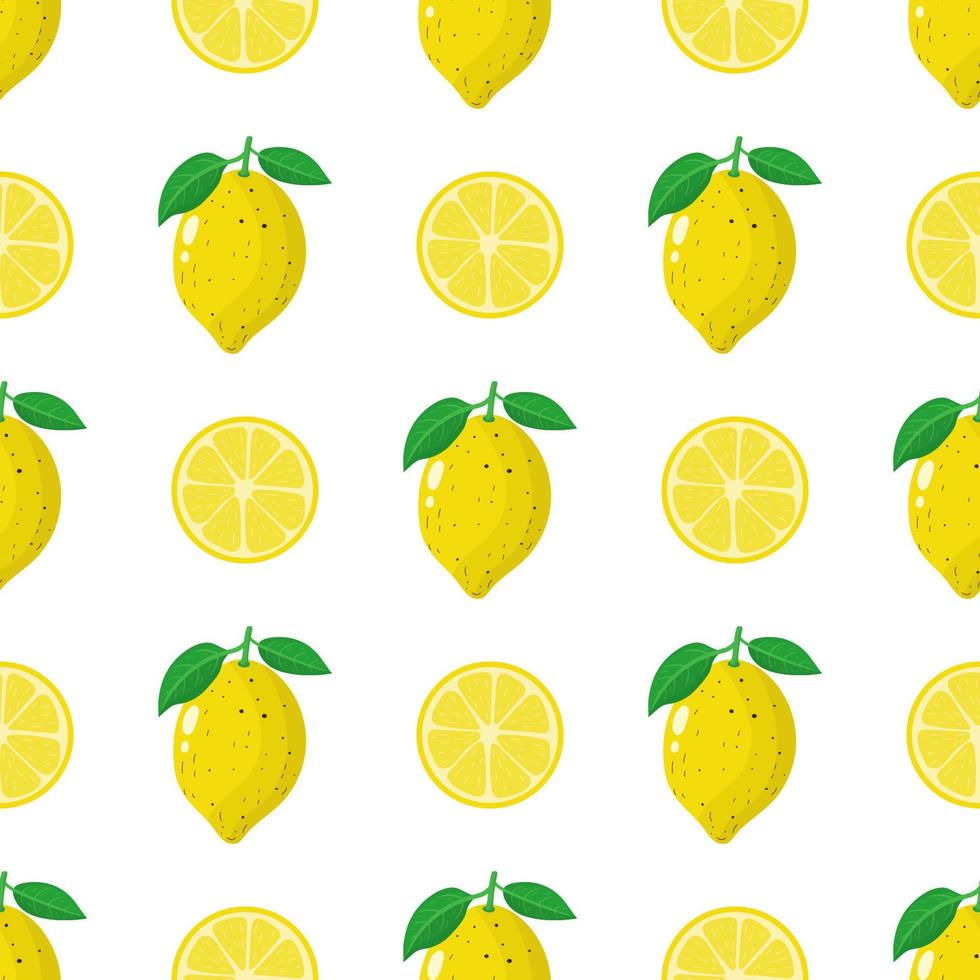 Nahtloses Muster mit frischen ganzen, halben Zitronenfrüchten auf weißem Hintergrund. vektorillustration für design, web, verpackungspapier, stoff, tapete vektor