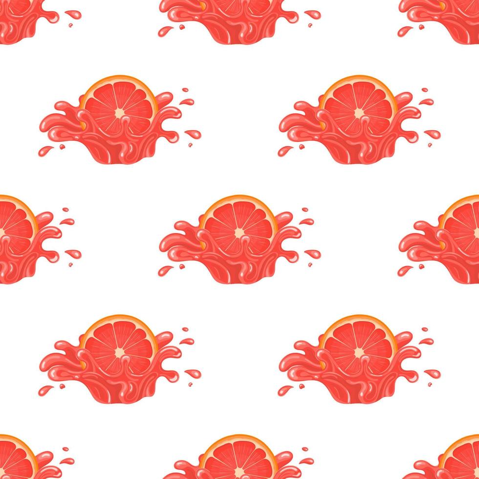 Nahtloses Muster mit frischem, hellem Grapefruitsaft-Splash-Burst isoliert auf weißem Hintergrund. Sommerfruchtsaft. Cartoon-Stil. Vektorillustration für jedes Design. vektor