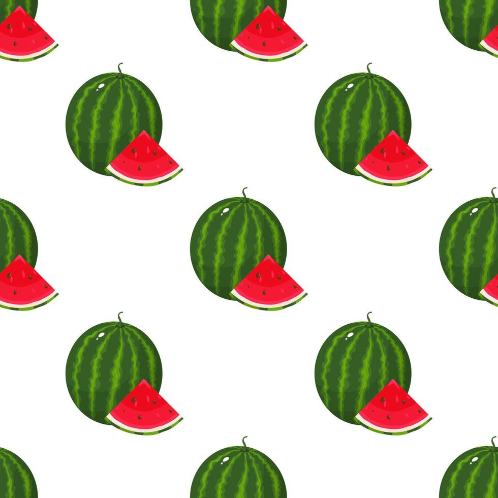 Nahtloses Muster mit frischen ganzen und geschnittenen Wassermelonenfrüchten auf weißem Hintergrund. sommerfrüchte für einen gesunden lebensstil. Bio-Obst. Cartoon-Stil. Vektorillustration für jedes Design. vektor