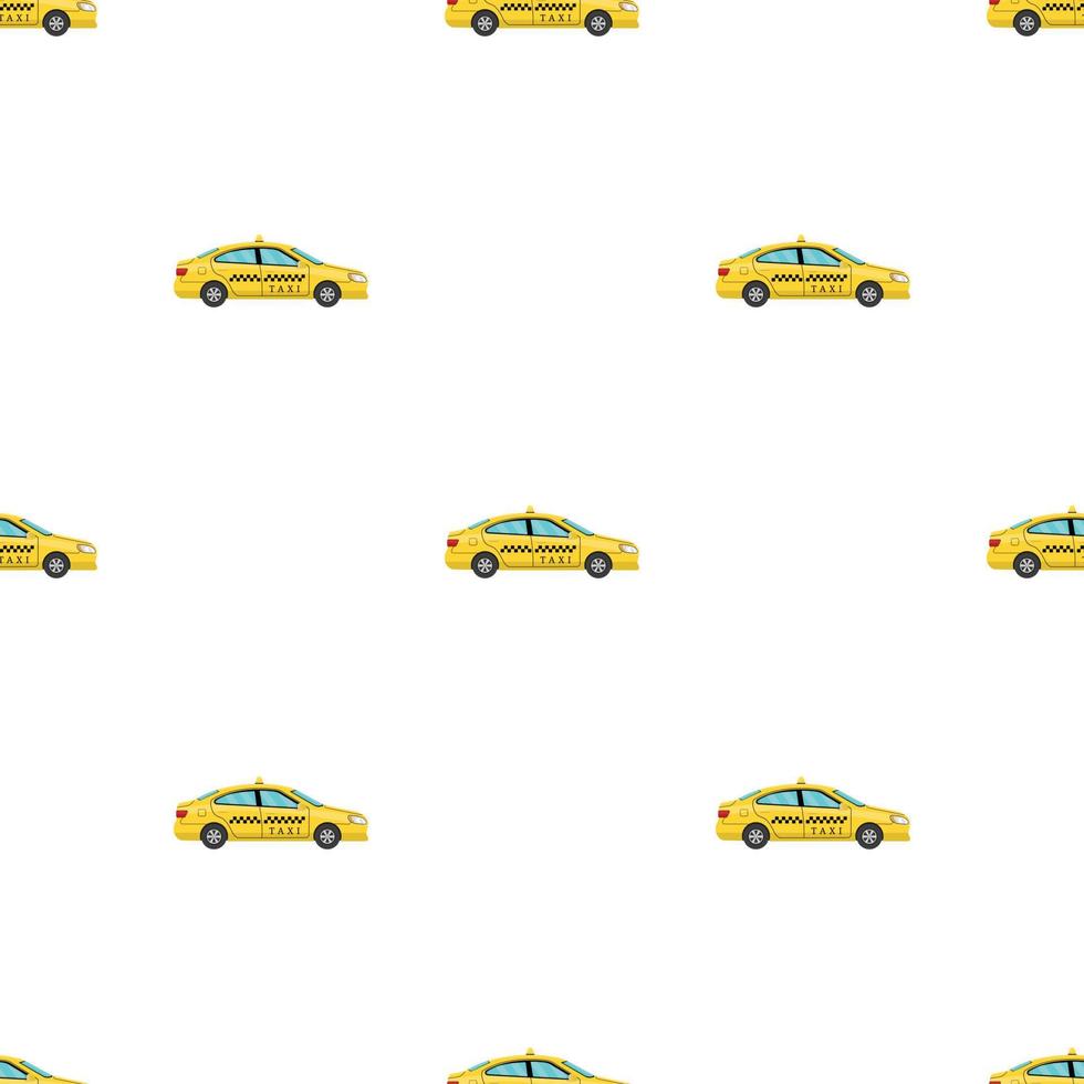 seamless mönster med bil taxi i tecknad stil. vy från sidan. taxi gul bil hytt på vit bakgrund. vektorillustration för design, webb, omslagspapper, tyg, tapeter. vektor