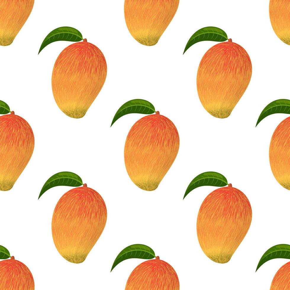 Nahtloses Muster mit frischer, heller, exotischer ganzer Mango isoliert auf weißem Hintergrund. sommerfrüchte für einen gesunden lebensstil. Bio-Obst. Cartoon-Stil. Vektorillustration für jedes Design. vektor