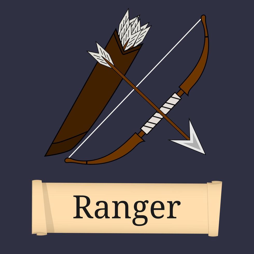 vorlage der spielfigur, klasse. Ranger-Klasse. Attribute des Rangers isoliert auf dunklem Hintergrund. Wählen Sie Ihre Klasse aus. Vektor-Illustration. vektor