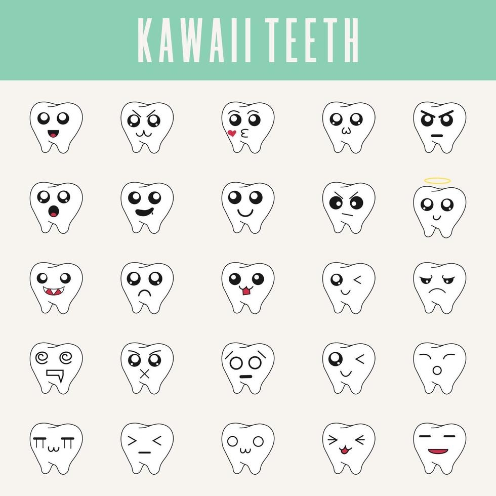 söta små tänder i kawaii-stil. uppsättning uttryckssymboler, emoji-ikoner. ren och modern vektorillustration för design, webb. vektor