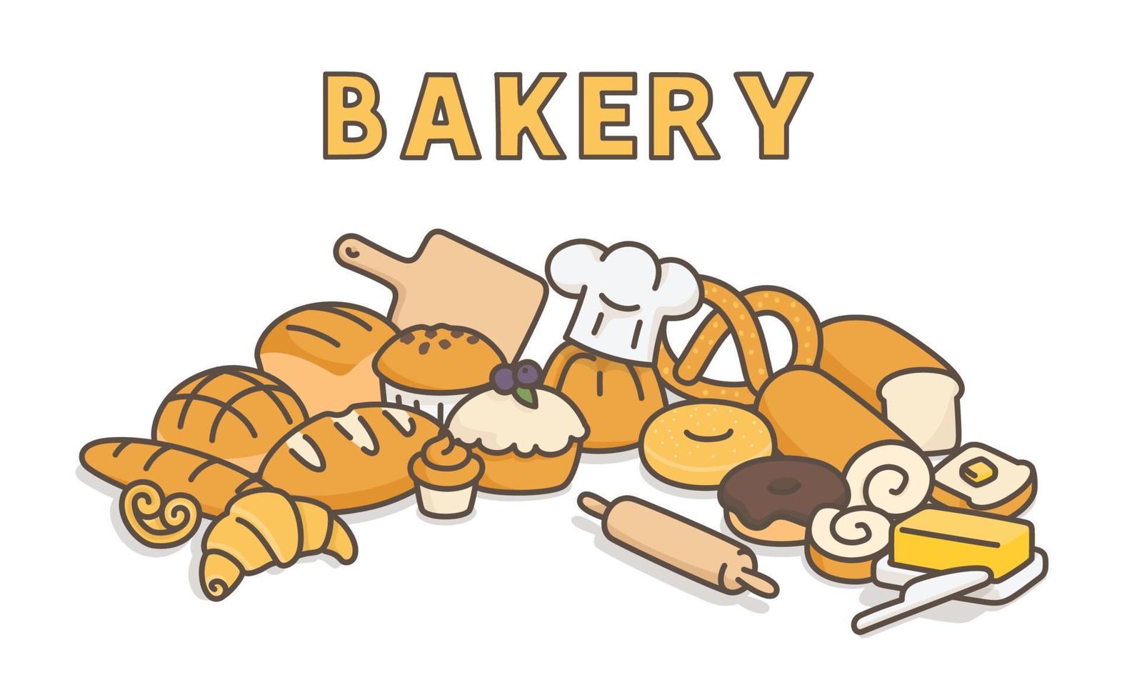 många typer av bröd mockup banner kawaii doodle platt tecknad vektorillustration vektor