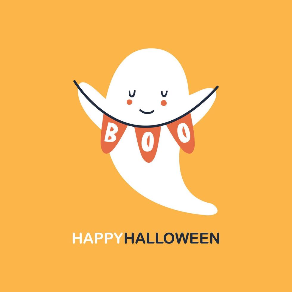 flygande spöke ande håller bunting flagga bu. glad Halloween. läskiga vita spöken. söt tecknad läskig karaktär. leende ansikte, händer. orange gratulationskort bakgrund. vektor