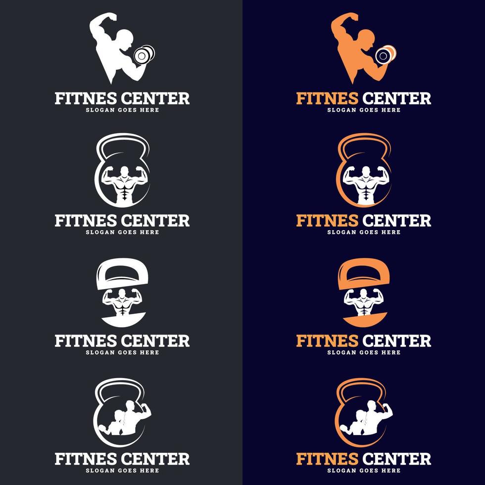 uppsättning fitness märken. fitness gym logotyp formgivningsmall. etiketter i vintage stil med sport siluett symboler vektor