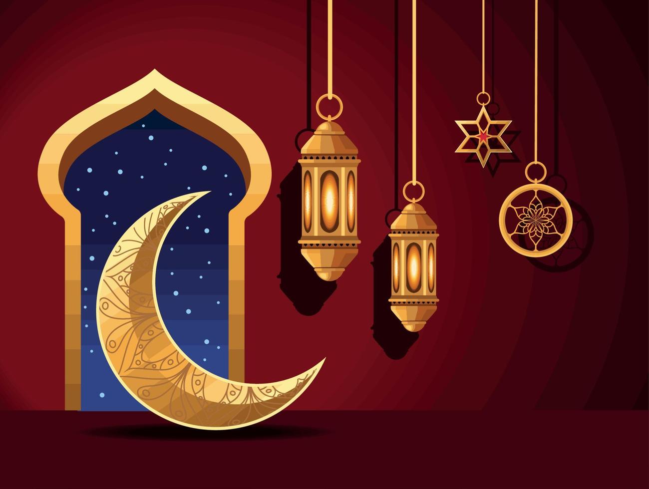 ramadan kareem lampor och måne vektor