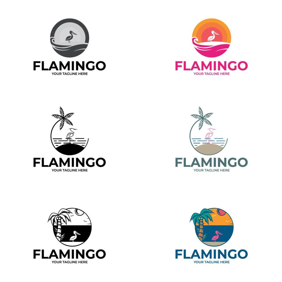 flamingo logotyp mall. flamingo emblem med sol och vågor vektor