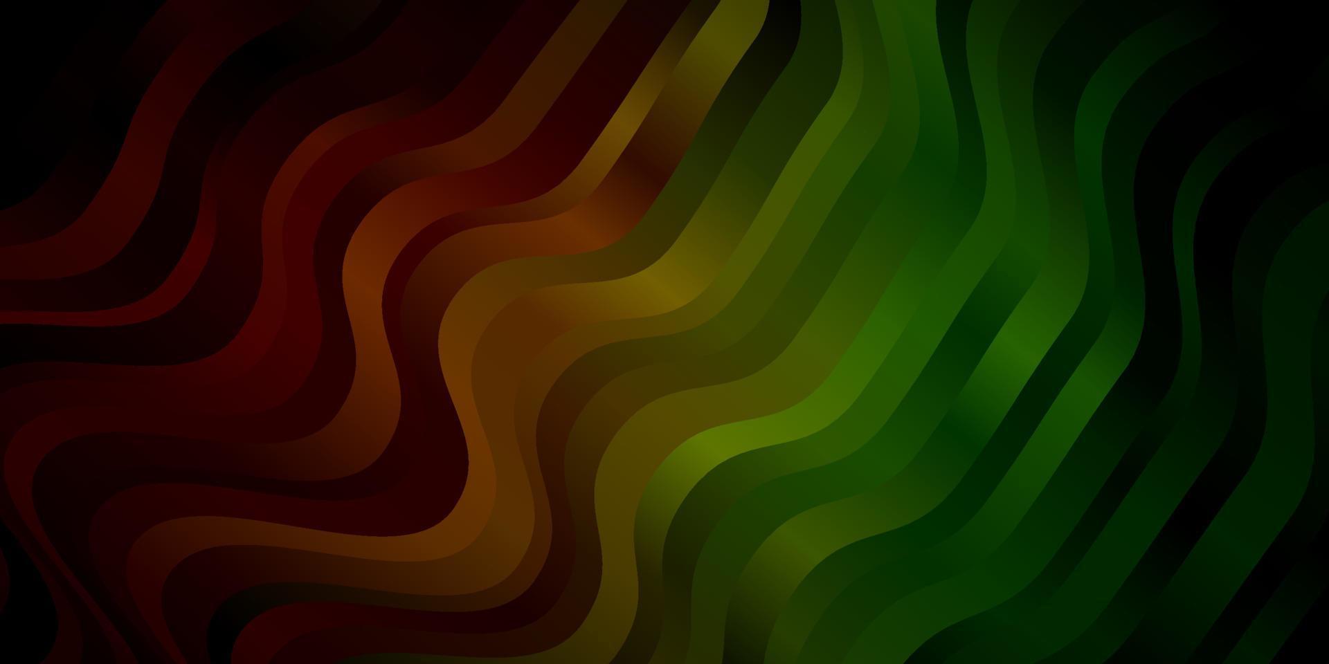 dunkelgrüner, roter Vektorhintergrund mit gebogenen Linien. vektor