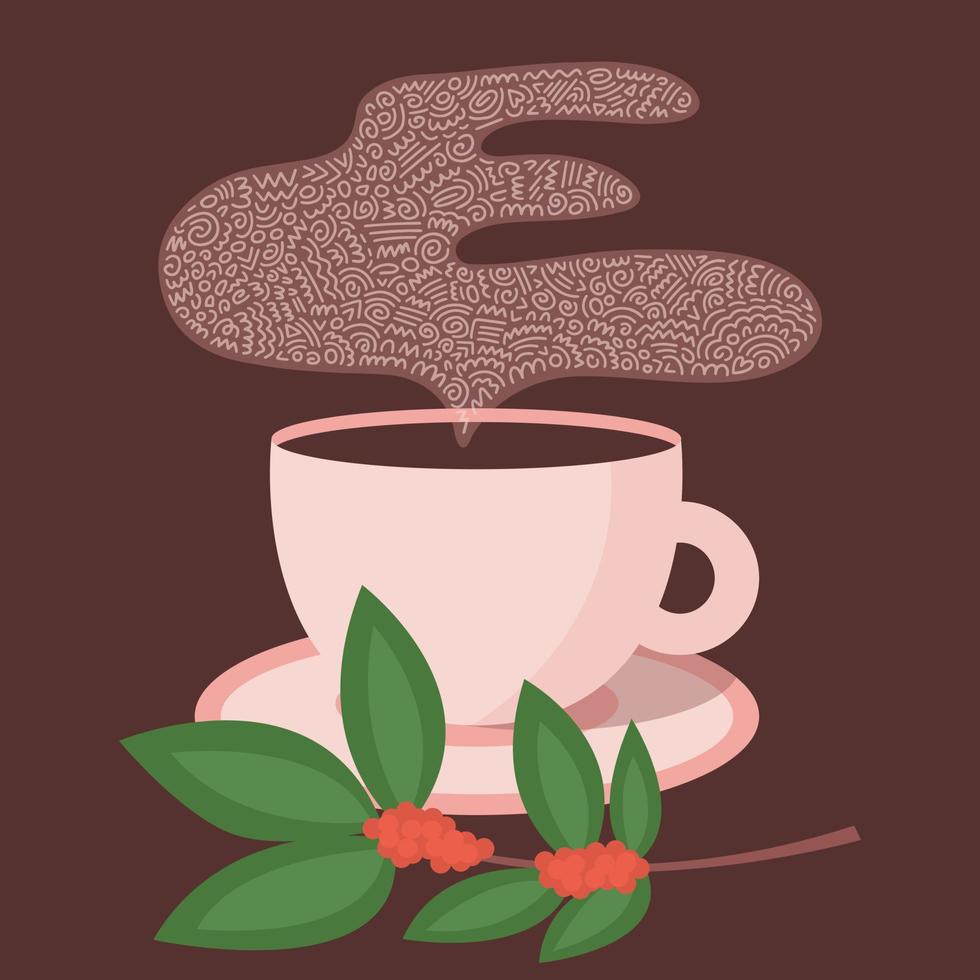 vektorkaffeetasse mit flacher illustration der rauch- und kaffeebohnenpflanze. flacher Kaffeetassen-Vektordruck vektor