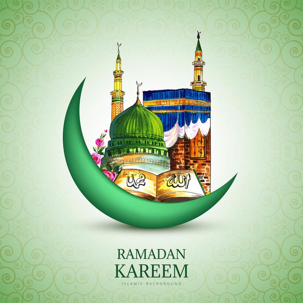 ramadan kareem måne och handritad moskédesign vektor