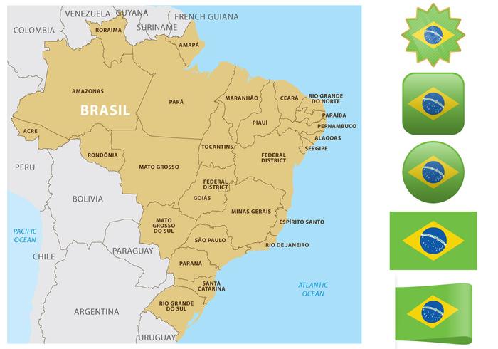 Brasilien Karta Och Flaggor vektor