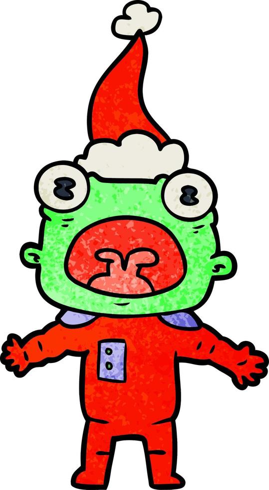 Strukturierter Cartoon eines seltsamen Aliens, der mit einer Weihnachtsmütze kommuniziert vektor