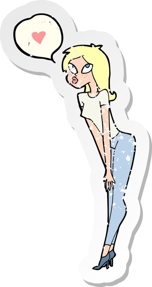 Retro-Distressed-Aufkleber einer Cartoon-Frau mit Liebesherz vektor